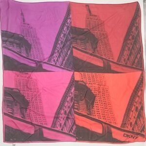Vintage DKNY Donna Karan Silk Scarf 34”‎ Empire State NYC Pink Red Square